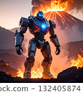 巨型機甲的輪廓，背景是噴發的火山 132405874