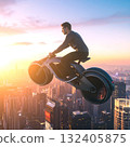 黃昏時分，一輛未來派的懸浮自行車飛越摩天大樓 132405875