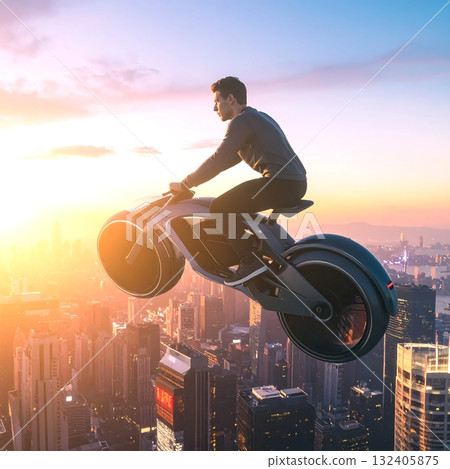 黃昏時分，一輛未來派的懸浮自行車飛越摩天大樓 132405875