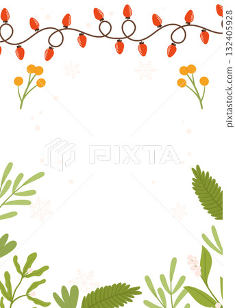 Festive Poster template featuring red string lights, greenery, yellow berries, and snowflakes on a white background with blank space. 132405928