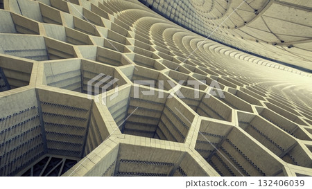 Unique architectural design featuring hexagonal patterns in a modern structure  132406039