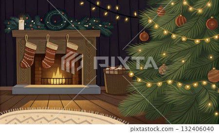 Cozy holiday scene with a decorated Christmas tree and a warm fireplace 132406040