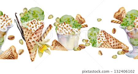 Gelato scoops mixed serves in paper cup, glass bowl or waffle cone. Nuts topping, vanilla flower pods. Isolated seamless banner border hand drawn in watercolor. Picnic decor, frozen product sheet. Gelato scoops mixed serves in paper cup, glass bowl or waffle cone. Nuts topping, vanilla flower pods. Isolated seamless banner border hand drawn in watercolor. Picnic decor, frozen product sheet. 132406102