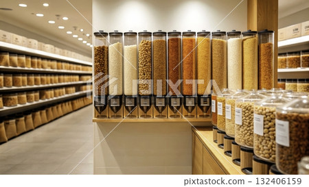 Colorful display of grains and nuts in a modern bulk food store aisle 132406159