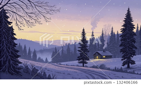 Winter evening scene with a cozy cabin nestled among snow-covered trees at dusk 132406166