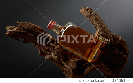 Bottle of whiskey on a old snags. Bottle of whiskey on a old snags. 132406404