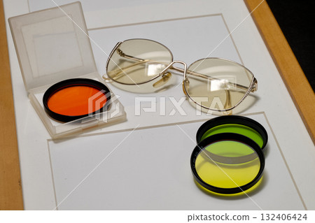 Vintage photo film box, K7 and color filters 132406424