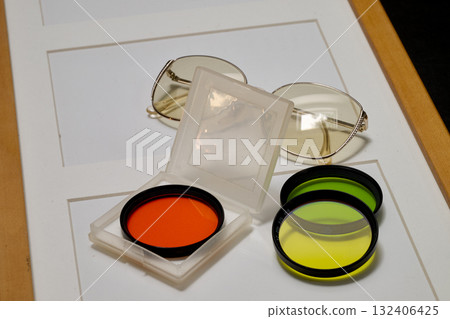 Vintage photo film box, K7 and color filters Vintage photo film box, K7 and color filters 132406425