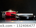 saucepan, frying pan on stove from front 132406477