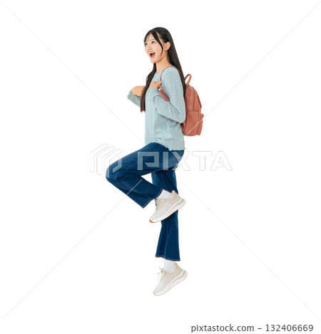 Jumping female student - Full-body photo PNG with transparent background, precisely cut out by hand 132406669