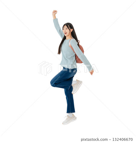 Jumping female student - Full-body photo PNG with transparent background, precisely cut out by hand 132406670