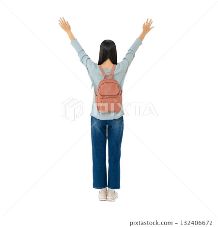 Back view of a female student raising her arms in celebration. Full-body photo PNG with transparent background, precisely cut out by hand. 132406672