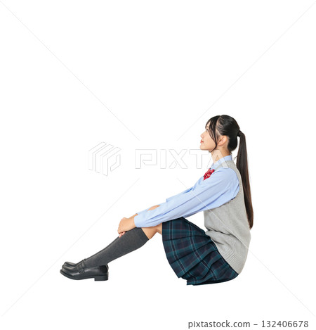 Sitting female student in uniform - Full-body photo PNG with transparent background, precisely cut out by hand 132406678