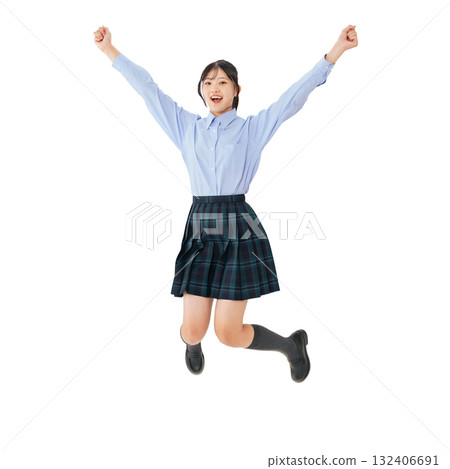 Jumping female student in uniform - Full-body photo PNG with transparent background, precisely cut out by hand Jumping female student in uniform - Full-body photo PNG with transparent background, precisely cut out by hand 132406691