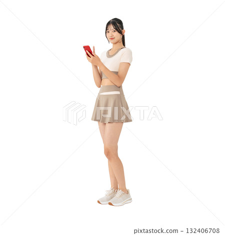 穿著運動服、使用智慧型手機的女性 - 全身照片 PNG,背景透明,手工精確裁剪 穿著運動服、使用智慧型手機的女性 - 全身照片 PNG,背景透明,手工精確裁剪 132406708