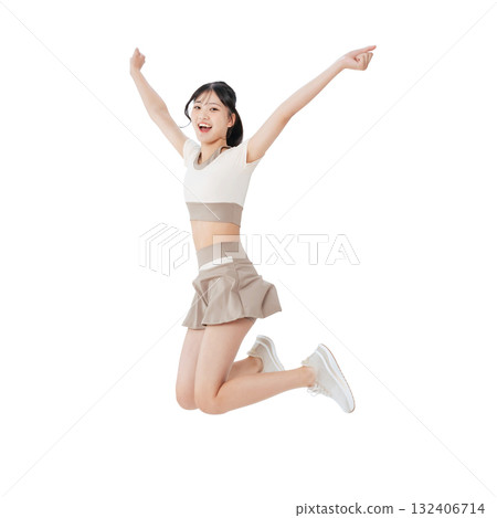 Woman in sportswear jumping - Full-body photo PNG with transparent background, precisely cut out by hand 132406714