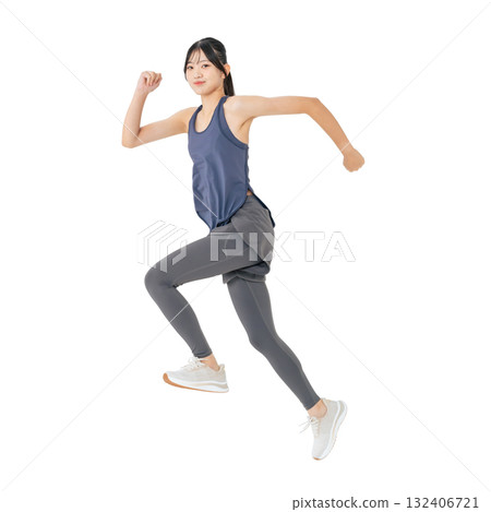 Woman in sportswear jumping - Full-body photo PNG with transparent background, precisely cut out by hand 132406721