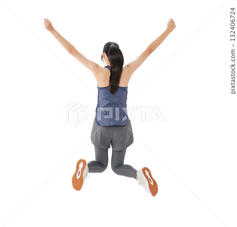 Back view of a woman in sportswear jumping. Full-body photo PNG with transparent background, precisely cut out by hand. 132406724