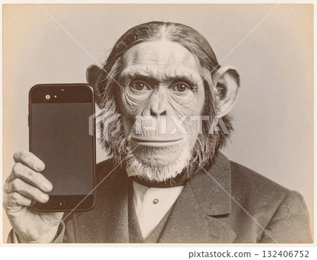 一隻穿著西裝、手裡拿著智慧型手機的猴子 一隻穿著西裝、手裡拿著智慧型手機的猴子 132406752