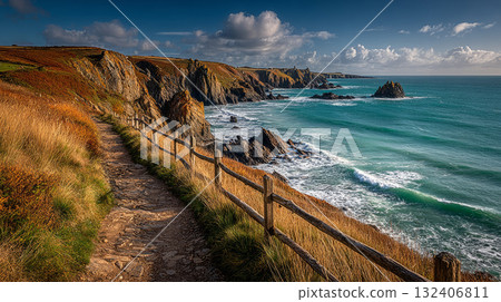 Coastal Cliff Path Overlooking Rocky Shore and Turquoise Sea 132406811