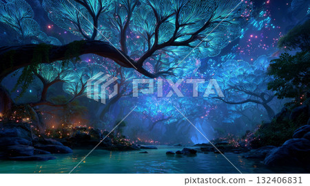 Bioluminescent alien forest glowing at nightfall 132406831