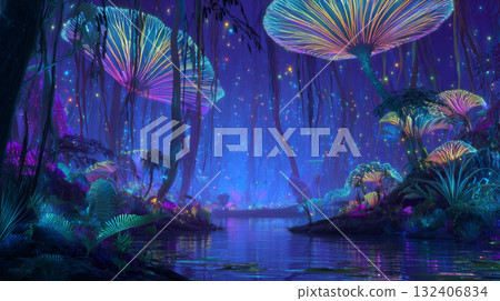 Bioluminescent alien forest glowing at nightfall 132406834