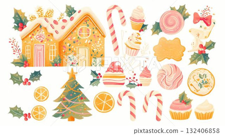 甜蜜的聖誕套裝，有薑餅屋和聖誕樹 132406858