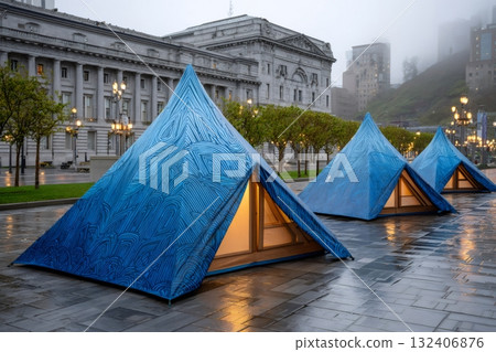 Modern pyramid tents glowing on rainy city street at night Modern pyramid tents glowing on rainy city street at night 132406876