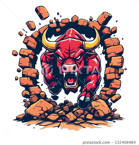 Vsai powerful red bull breaking through brick wall Vsai powerful red bull breaking through brick wall 132406964