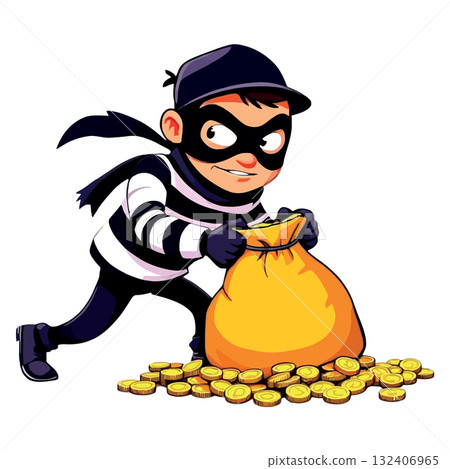 Vsai masked thief stealing gold coins filling loot bag 132406965