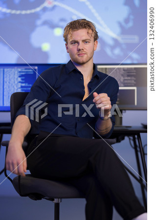 Confident professional posing in a tech environment at a monitoring desk. 132406990
