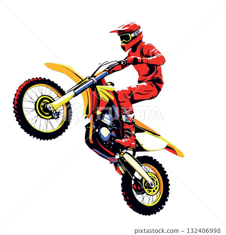 Vsai motocross rider performing a wheelie with colorful motorcycle 132406998