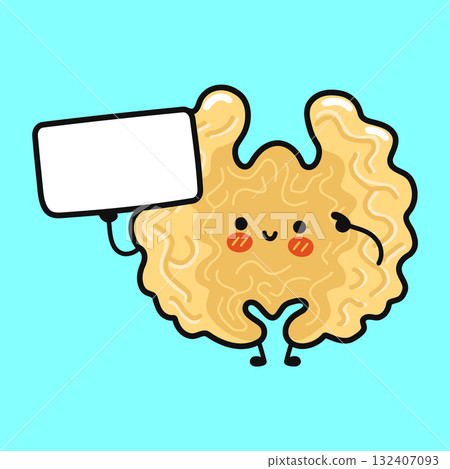 Cute smiling walnut character holding blank sign 132407093