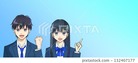 高中或初中男孩和女孩的動漫風格插圖,漸變背景,有可用的複製空間 高中或初中男孩和女孩的動漫風格插圖,漸變背景,有可用的複製空間 132407177