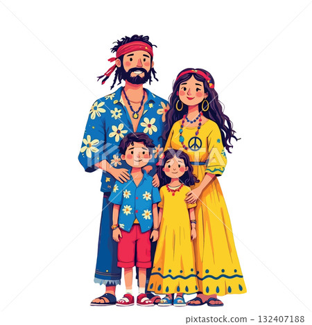 Vsai happy hippie family posing together, illustration Vsai happy hippie family posing together, illustration 132407188