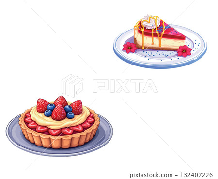 Berry cheesecake and fruit tart dessert illustration 132407226