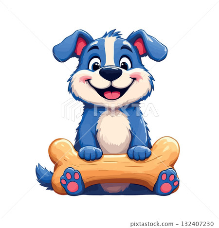 Cute blue puppy cartoon holding dog bone 132407230