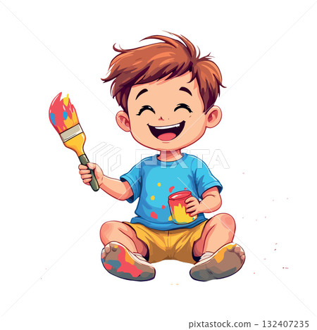 Happy little boy enjoying creative painting activity Happy little boy enjoying creative painting activity 132407235