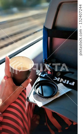 A close-up of a hand holding a paper coffee cup on a train table next to sunglasses and a ticket. 132407244