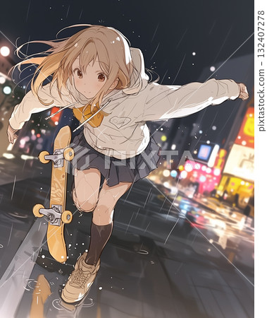 雨夜飛馳的滑板少女－路燈照亮青春的動漫插畫 132407278
