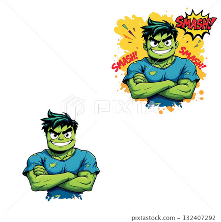 Vsai green monster crossing arms and smashing, comic style illustration 132407292