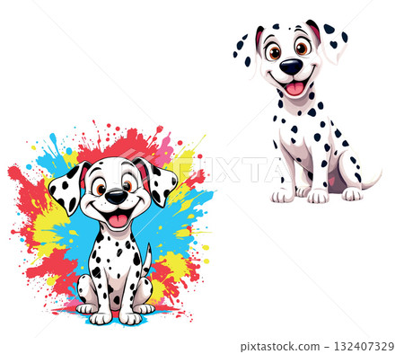 Vsai two smiling dalmatian cartoon puppies sitting, one with colorful splashes Vsai two smiling dalmatian cartoon puppies sitting, one with colorful splashes 132407329