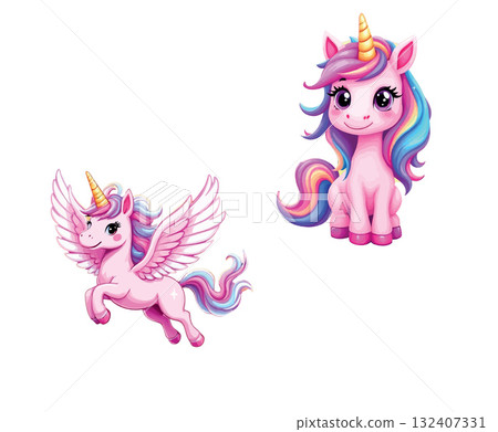 Vsai two pink cartoon unicorns, one flying and one sitting Vsai two pink cartoon unicorns, one flying and one sitting 132407331