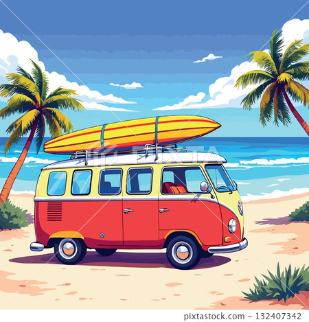 Vsai vintage van carrying surfboard on tropical beach embodies summer vacation 132407342