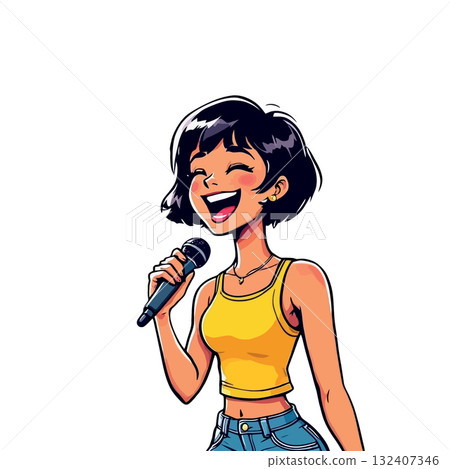 Vsai young woman singing with microphone and having fun Vsai young woman singing with microphone and having fun 132407346