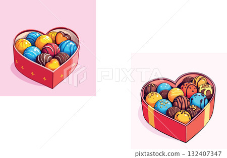 Vsai heart shaped boxes overflowing with colorful chocolates celebrating valentine's day Vsai heart shaped boxes overflowing with colorful chocolates celebrating valentine's day 132407347