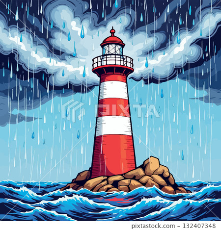 Vsai lighthouse guiding ships through stormy seas and heavy rain 132407348