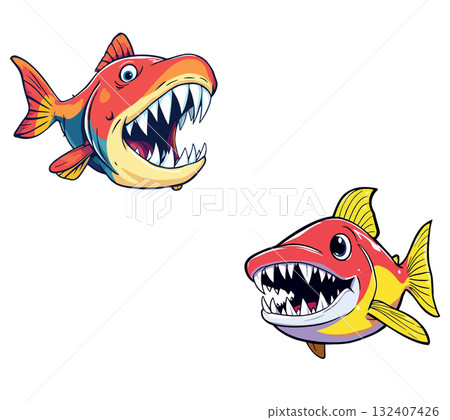 Vsai two cartoon piranhas showing teeth aggressively while swimming Vsai two cartoon piranhas showing teeth aggressively while swimming 132407426