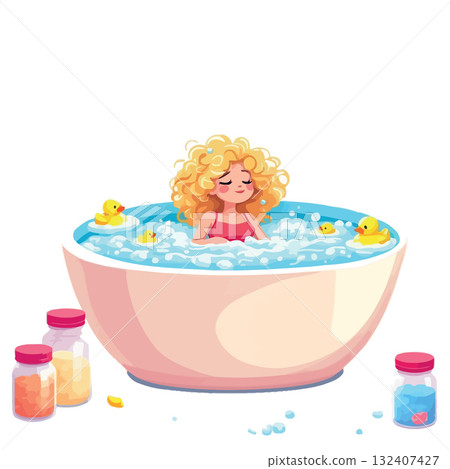 Vsai girl relaxing in bubble bath with rubber ducks and bath salts Vsai girl relaxing in bubble bath with rubber ducks and bath salts 132407427