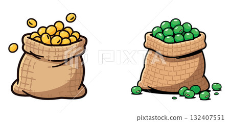 Vsai soybeans and green peas falling into burlap sacks, healthy legumes for a nutritious diet 132407551